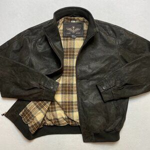 Flavor F19 Leather Flight Jacket Men's L Brown Plaid Lined Full Zip Bomber